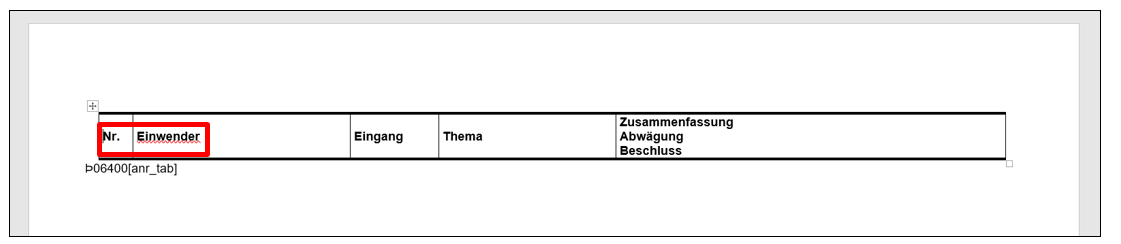 Beispiel für Platzhalter im Standarddruck